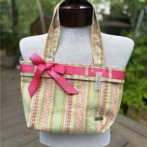 Small Longaberger Colorful Striped Tote Bag with Pink Bow